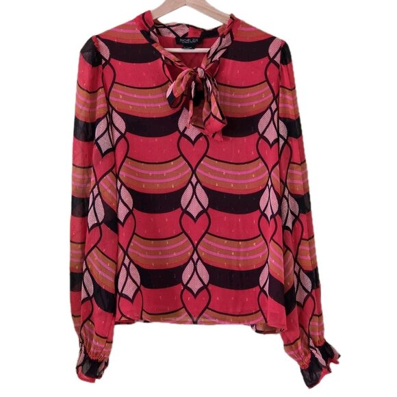 Rachel Zoe Top Womens M Multicolor Hearts Artsy Pullover Tie Neck Blouse LS Boho - Picture 1 of 16